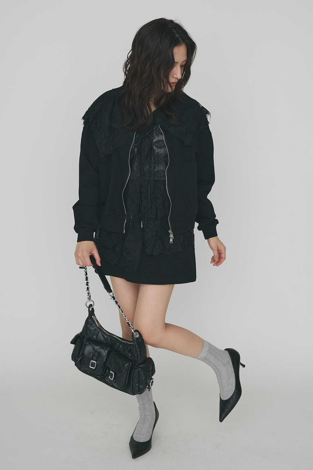 [予約]総レースカラーベストセットスウェットスカートセットアップ