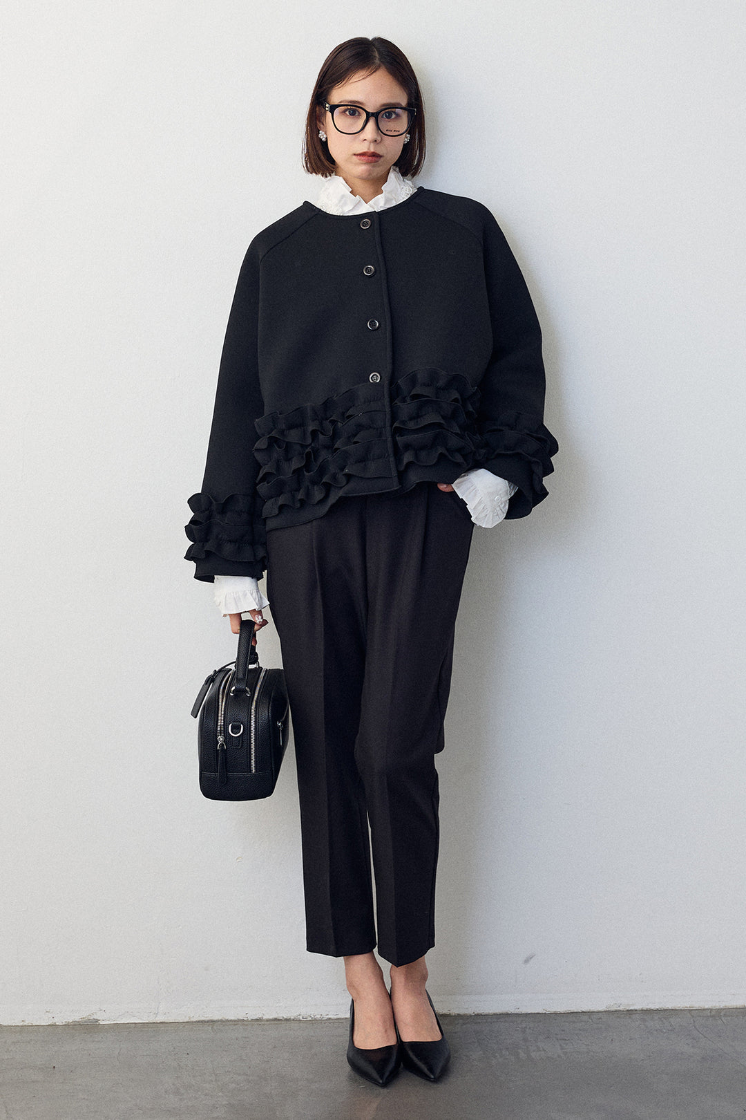 [予約/SET]ローズモチーフフリルカラーシャツ+フリルティアードボンディングクロップドコート(2set)