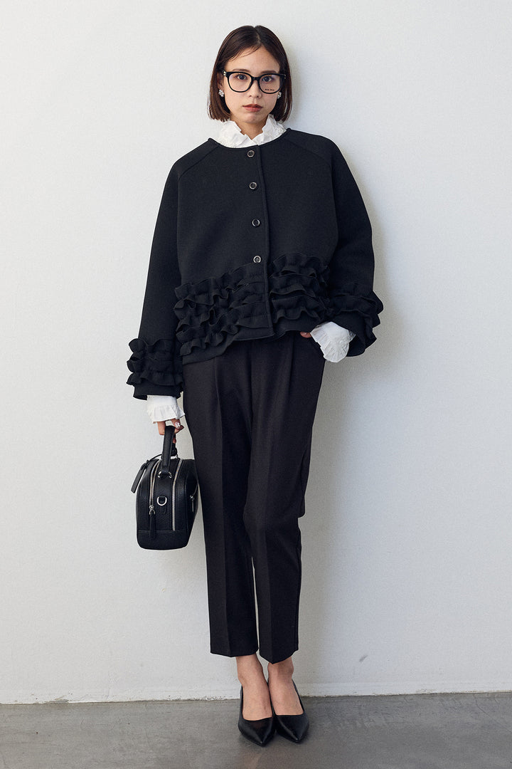 [予約/SET]ローズモチーフフリルカラーシャツ+フリルティアードボンディングクロップドコート(2set)