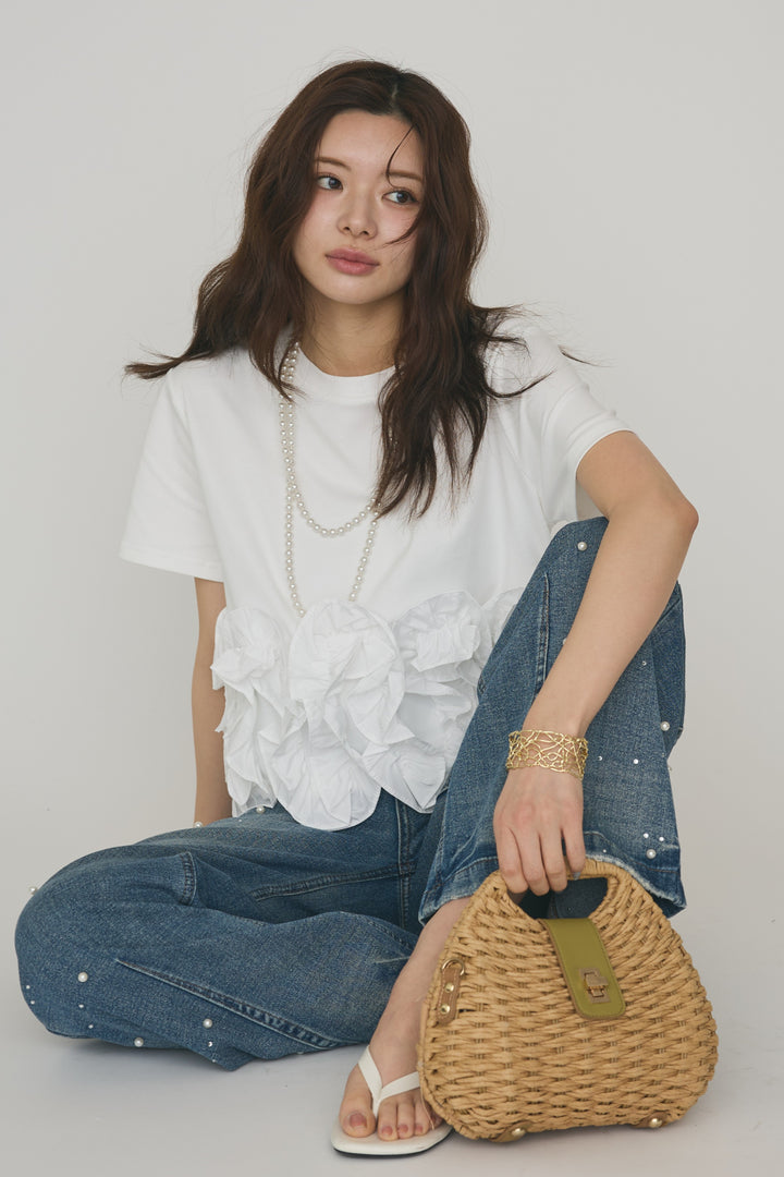 [予約/SET]フリルウェーブヘムカットTシャツ+パールラインストーンハイウエストデニム(2set)