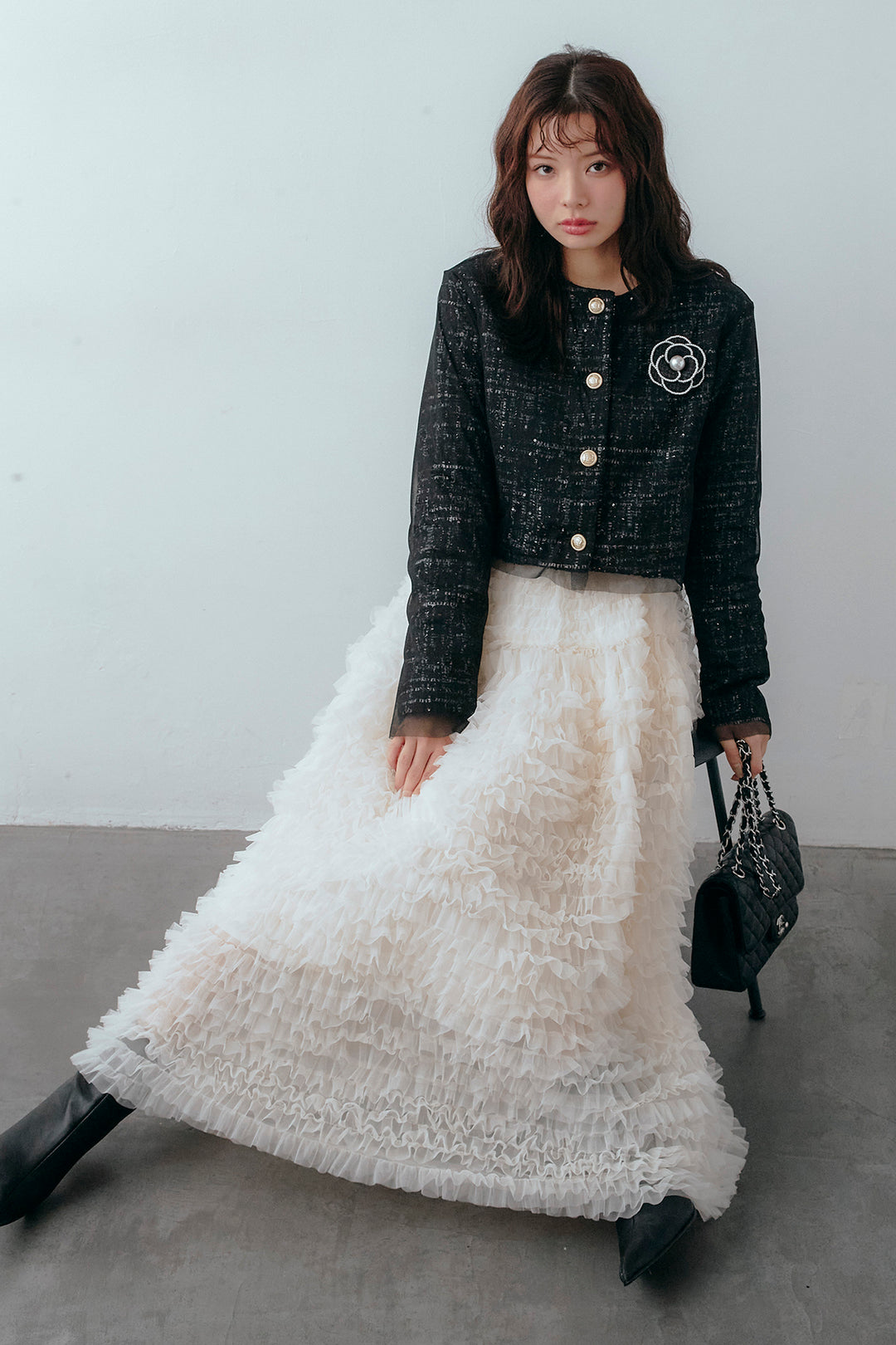[予約/SET]ツイード×チュールレイヤードクロップドジャケット+ホイップチュールティアードスカート(2set)