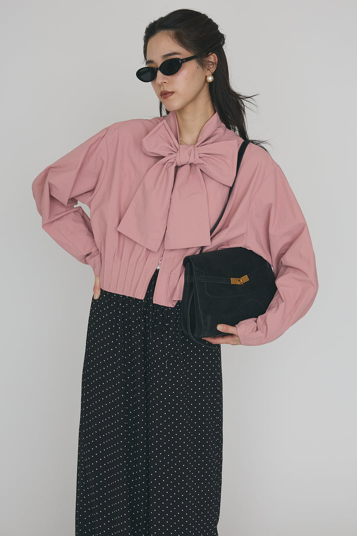 [予約/SET]フロントファスナーヘムタックボウタイブラウス+シアードットリラックスパンツ(2set)