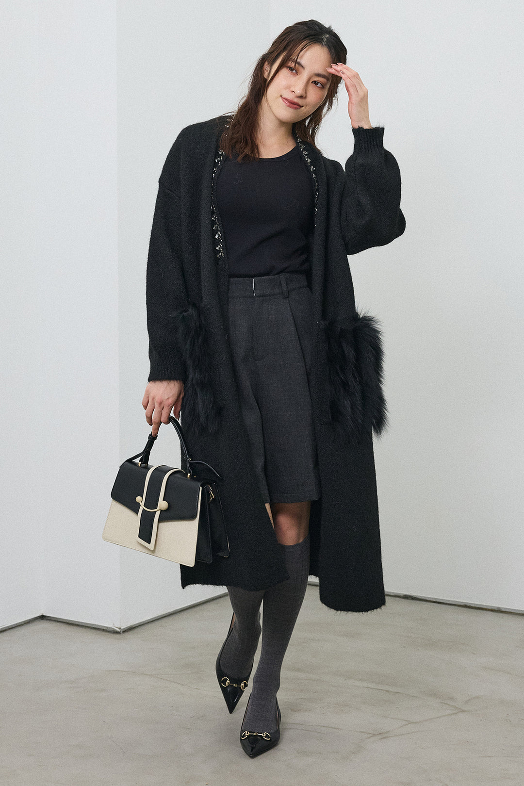 [予約/SET]ファーポケットロングニットカーデ+ウールタッチセンタープレスハーフパンツ(2set)