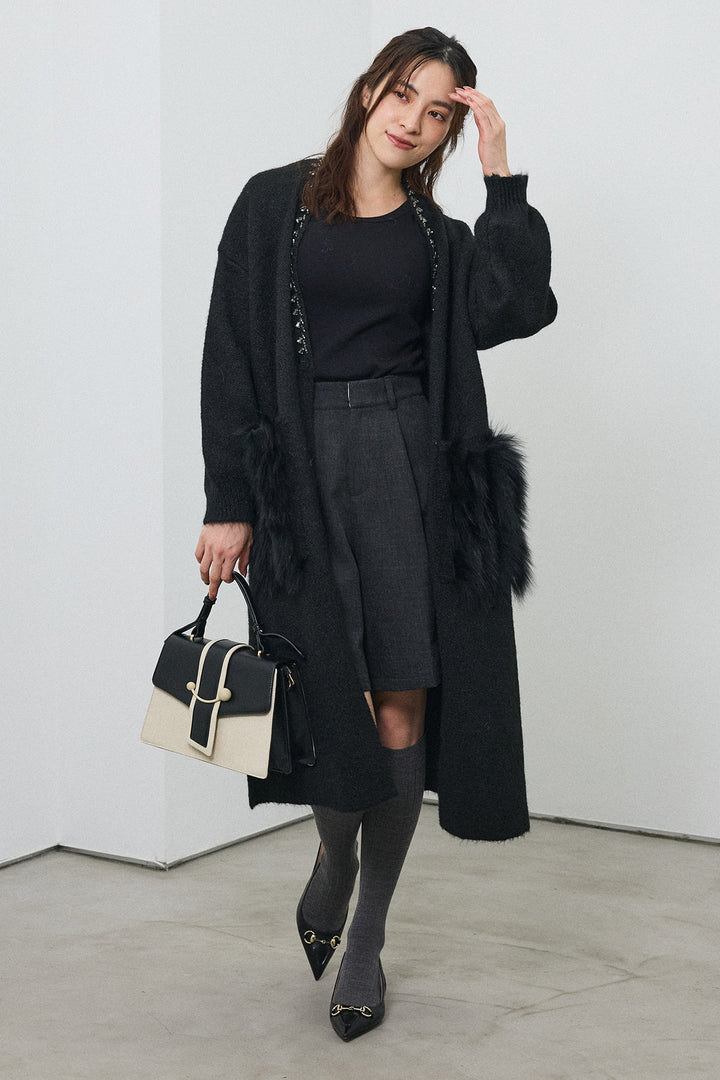 [予約/SET]ファーポケットロングニットカーデ+ウールタッチセンタープレスハーフパンツ(2set)