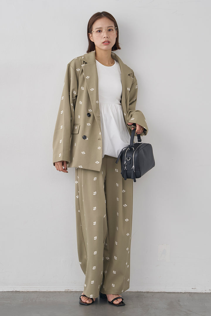 [予約/SET]フラワー刺繍ツイルテーラードジャケット+フラワー刺繍ツイルストレートパンツ(2set)