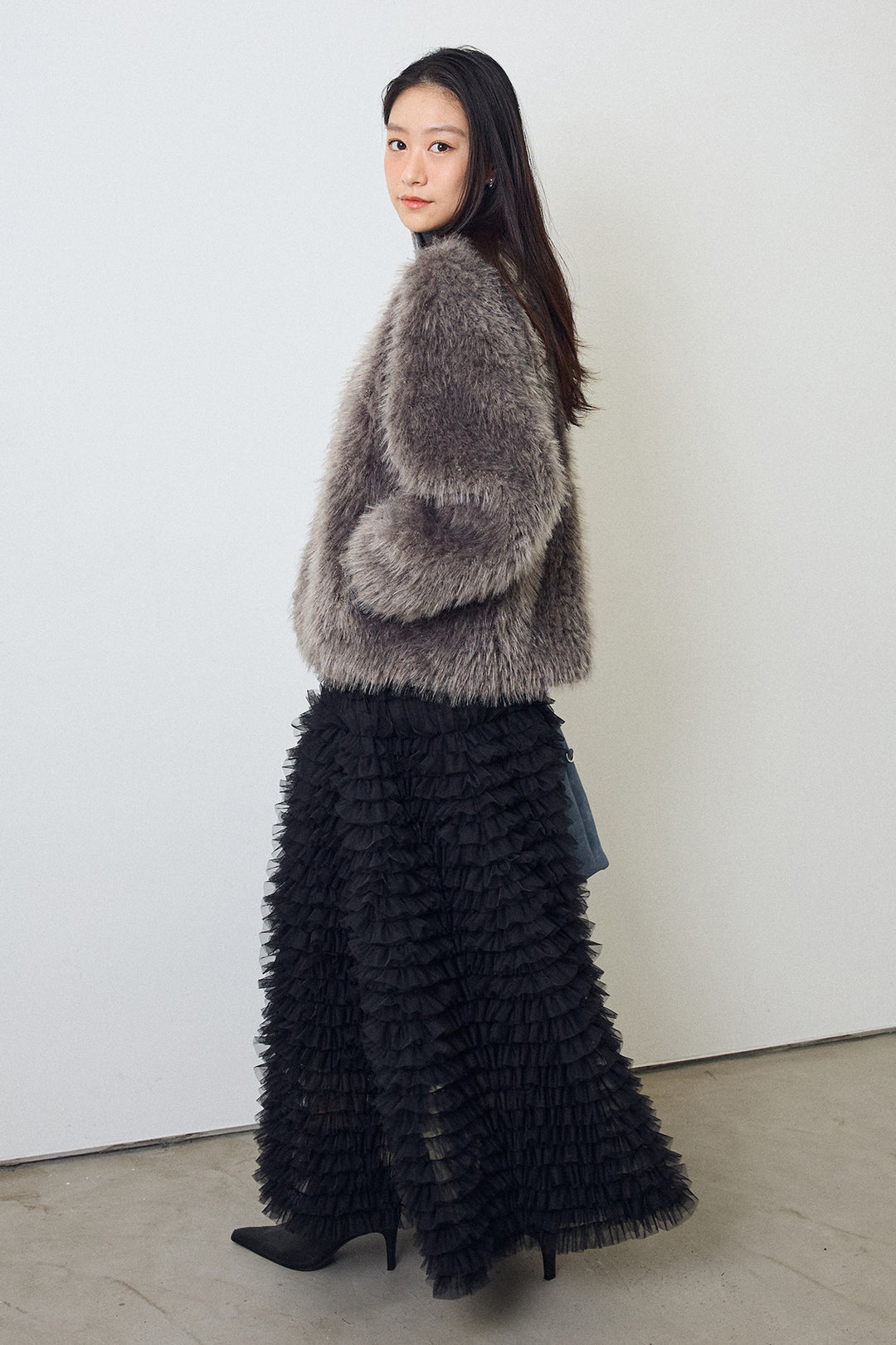 [予約/SET]シャギーファー×リブニットミックスジャケット+ホイップチュールティアードスカート(2set)