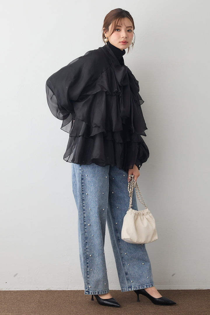[予約/SET]フロントBIGリボンティアードエアリーチュニック+パールスタッズストレートハイウエストデニム(2set)