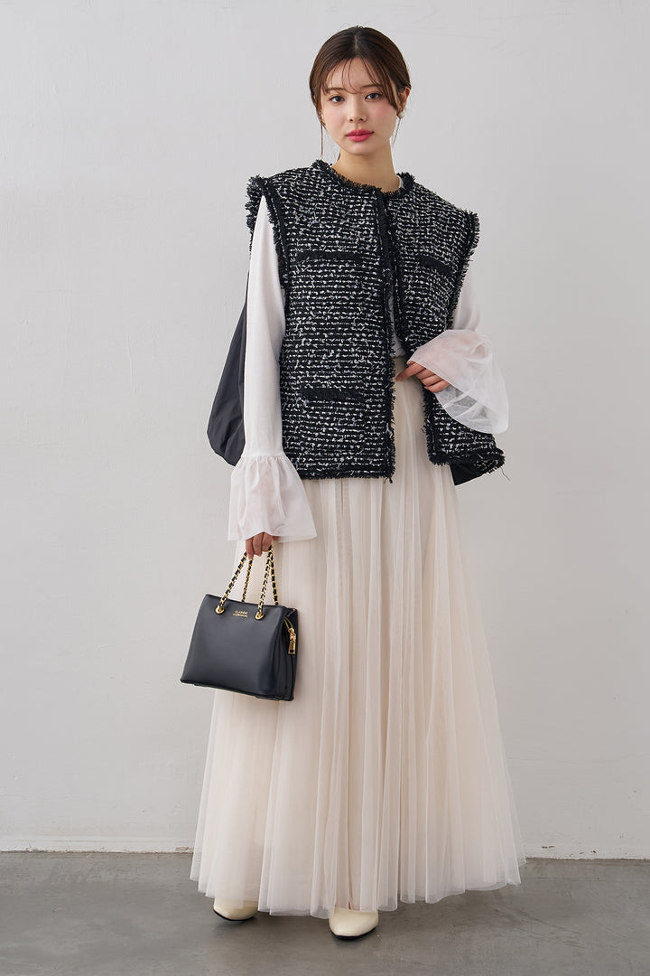 [予約/SET]チュールシアーカフスリブニット+異素材切り替えツイードベスト+エアリーチュールフレアスカート(3set)