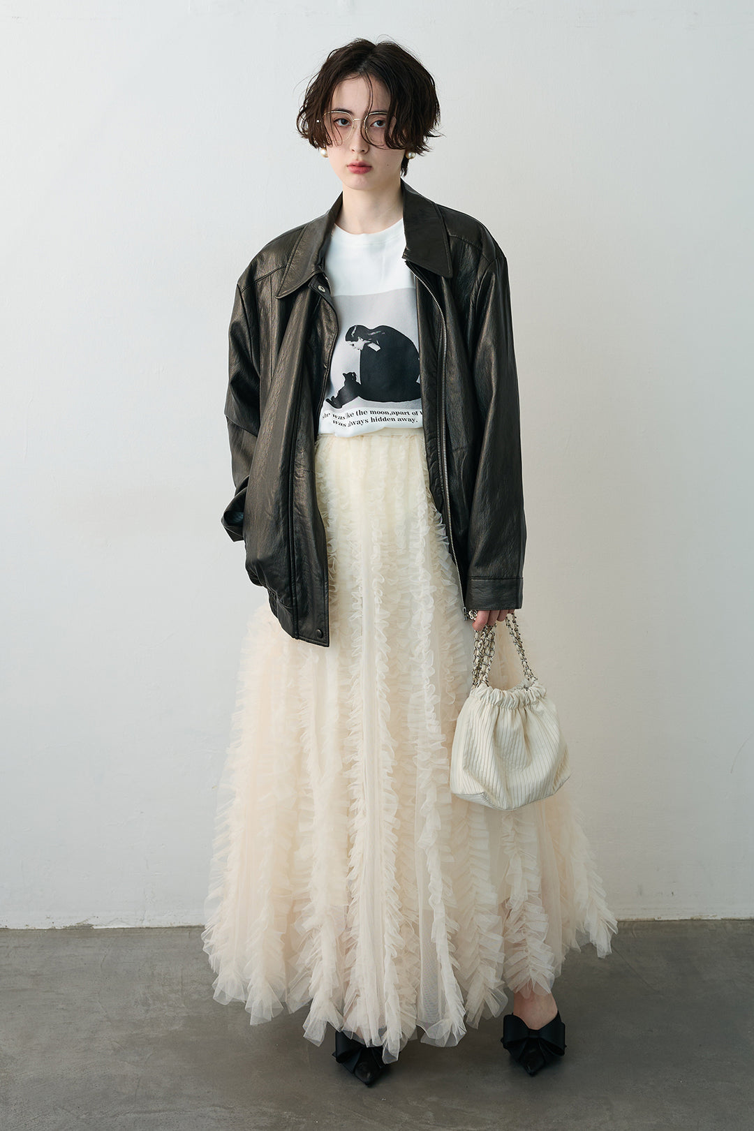 [予約/SET]グロッシーワッシャーレザーライクジャケット+Iラインホイップチュールスカート(2set)