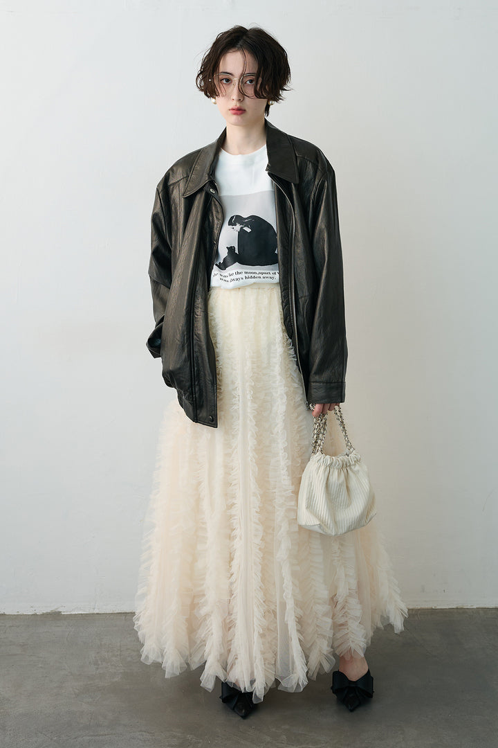 [予約/SET]グロッシーワッシャーレザーライクジャケット+Iラインホイップチュールスカート(2set)