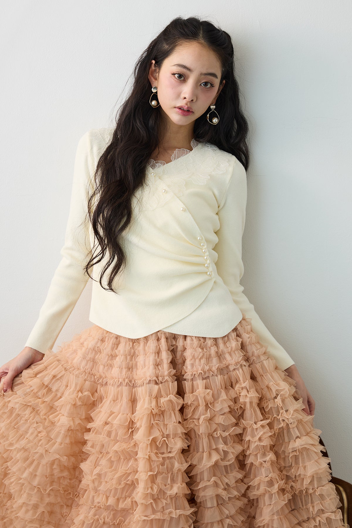 予約/SET]タックパールデザインレースニット+ホイップチュール