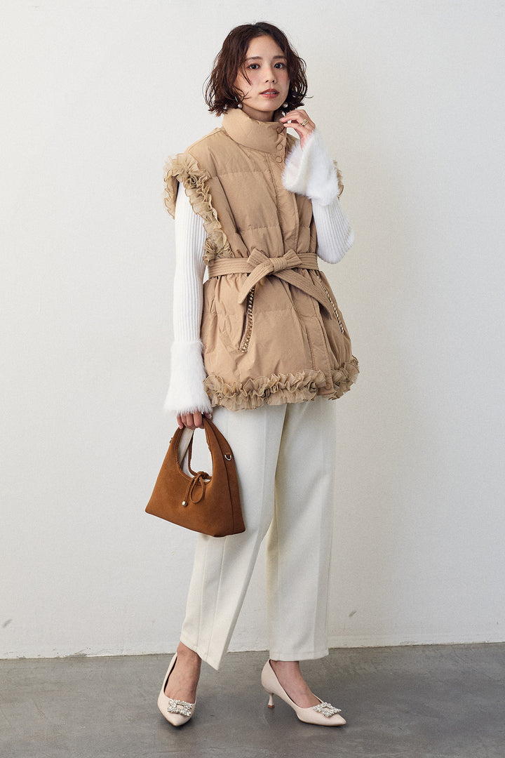 [予約/SET]フェザー切替スリーブフレアニット+フリルチュールスリーブ美ラインベスト+ウォームセンタープレス美ラインテーパードパンツ(3set)