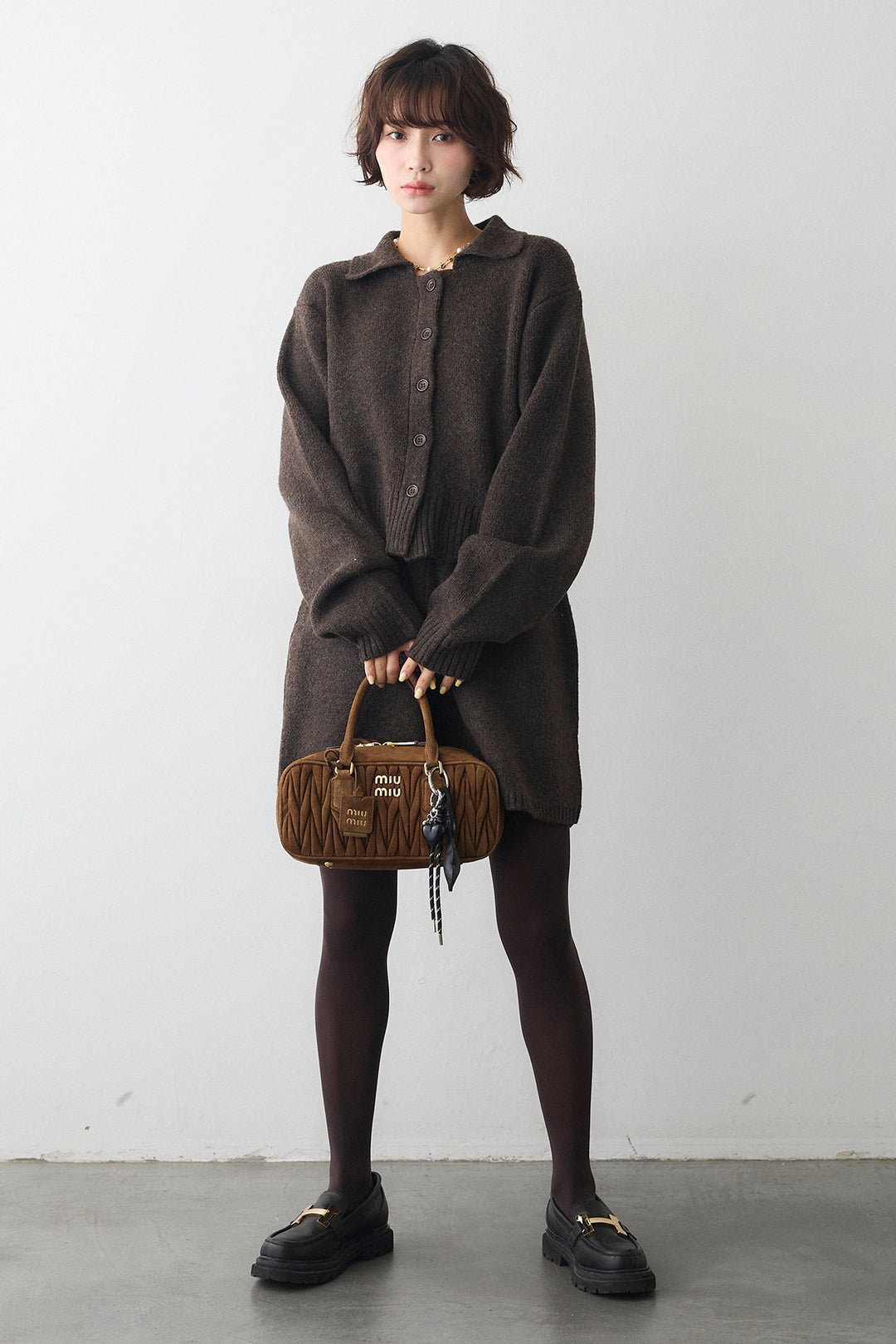 [予約/SET]メランジニットポロ襟クロップドカーデ+メランジニットショートパンツ(2set)