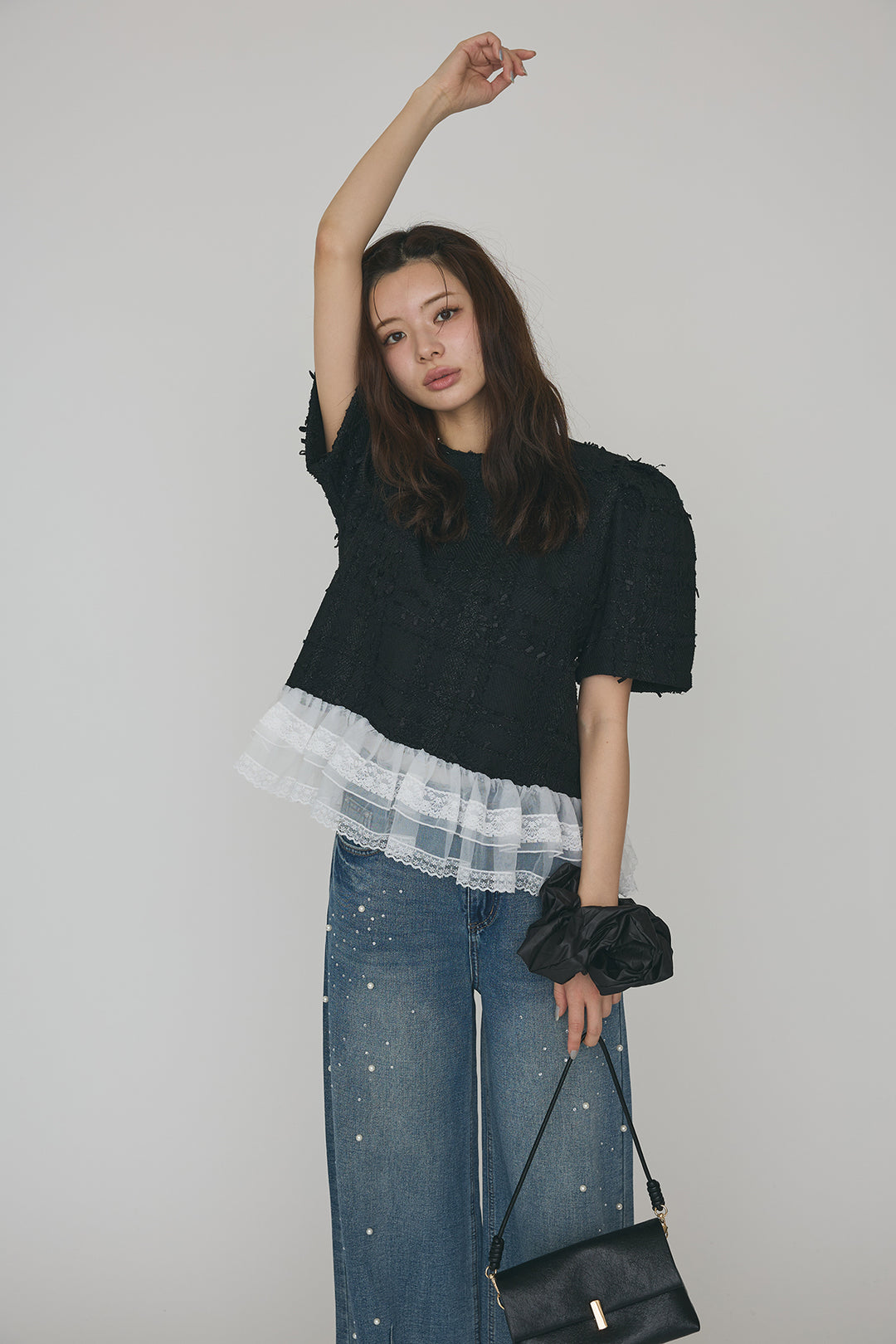 [予約/SET]サマーツイード異素材ドッキングトップス+パールラインストーンハイウエストデニム(2set)