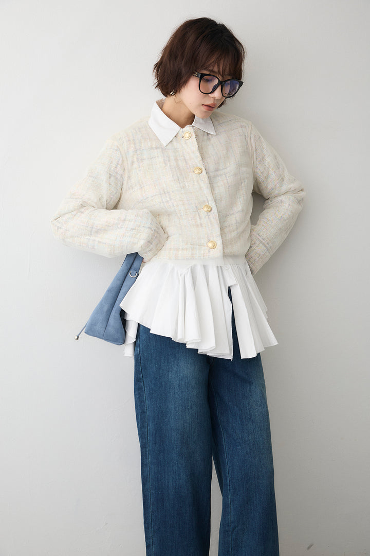 [予約/SET]パネルフレアヘムシャツ+ツイード×チュールレイヤードクロップドジャケット(2set)