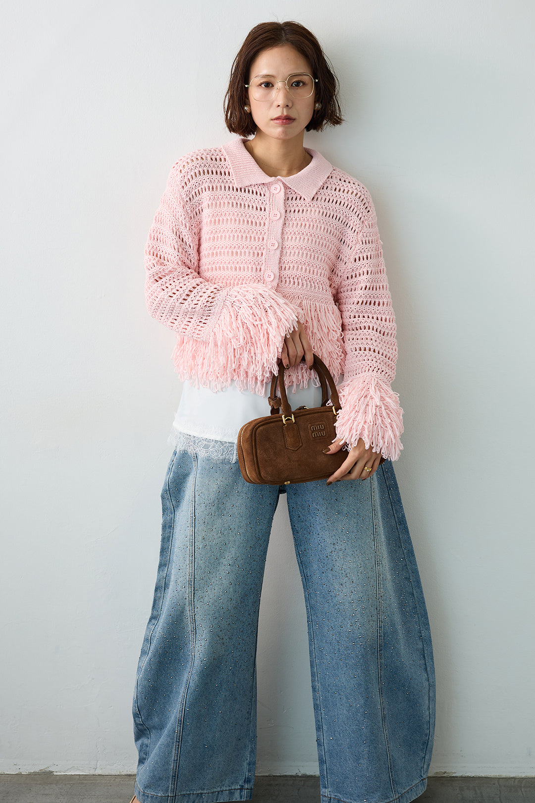 [予約/SET]メッシュフリンジクロップドニット+スパークルラインストーンカーブデニム(2set)