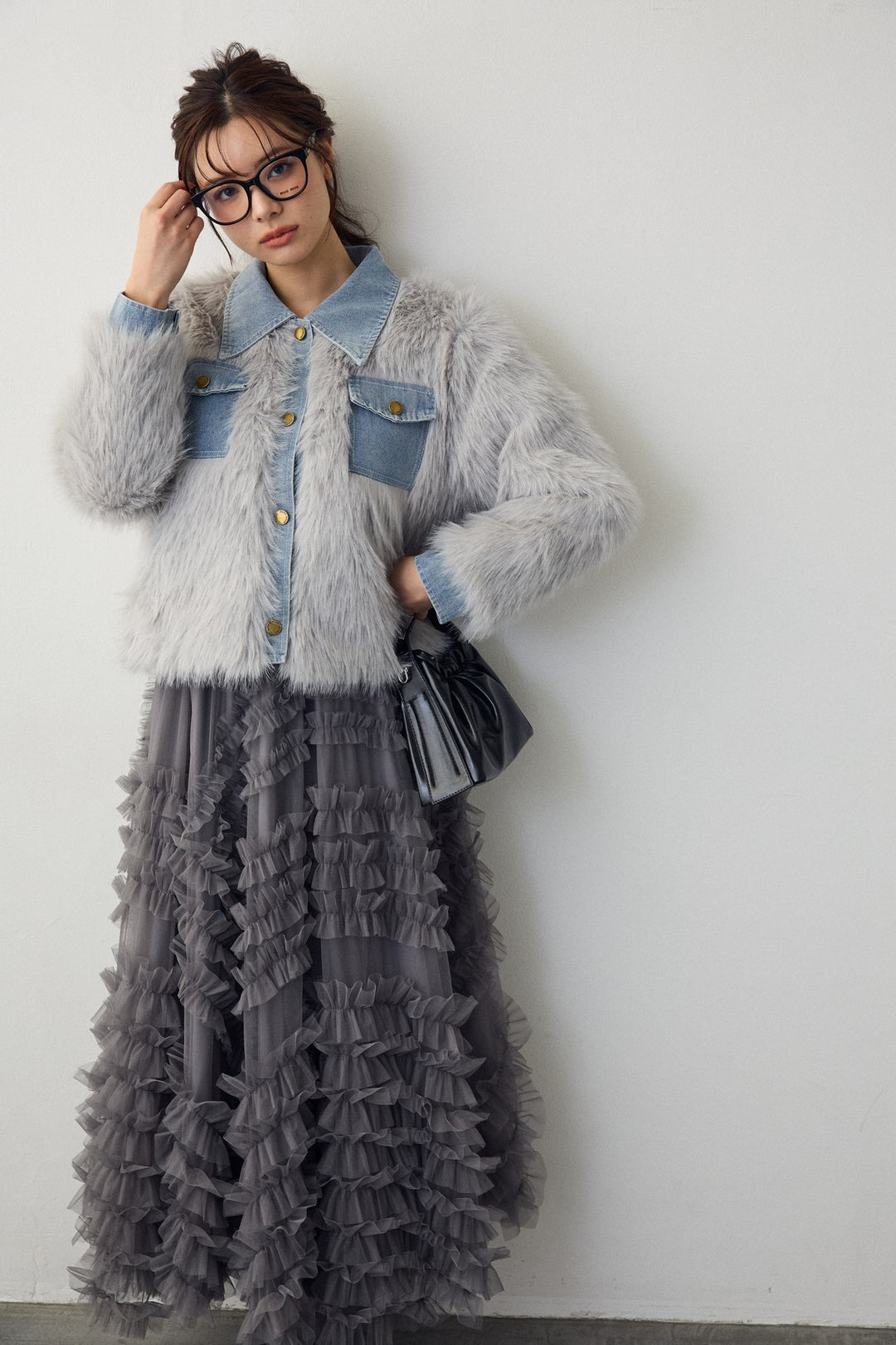 [予約/SET]デニムシャツドッキングファージャケット+スフレアシメチュールスカート(2set)