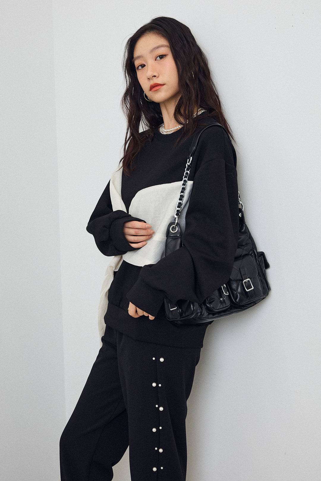 [予約/SET]オーガンジーBIGリボンプルオーバー+サイドパール裾タックジョガーパンツ(2set)