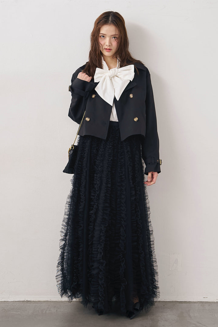 [予約/SET]BIGリボン綿ブラウス+クラシカルショートトレンチ+Iラインホイップチュールスカート(3set)