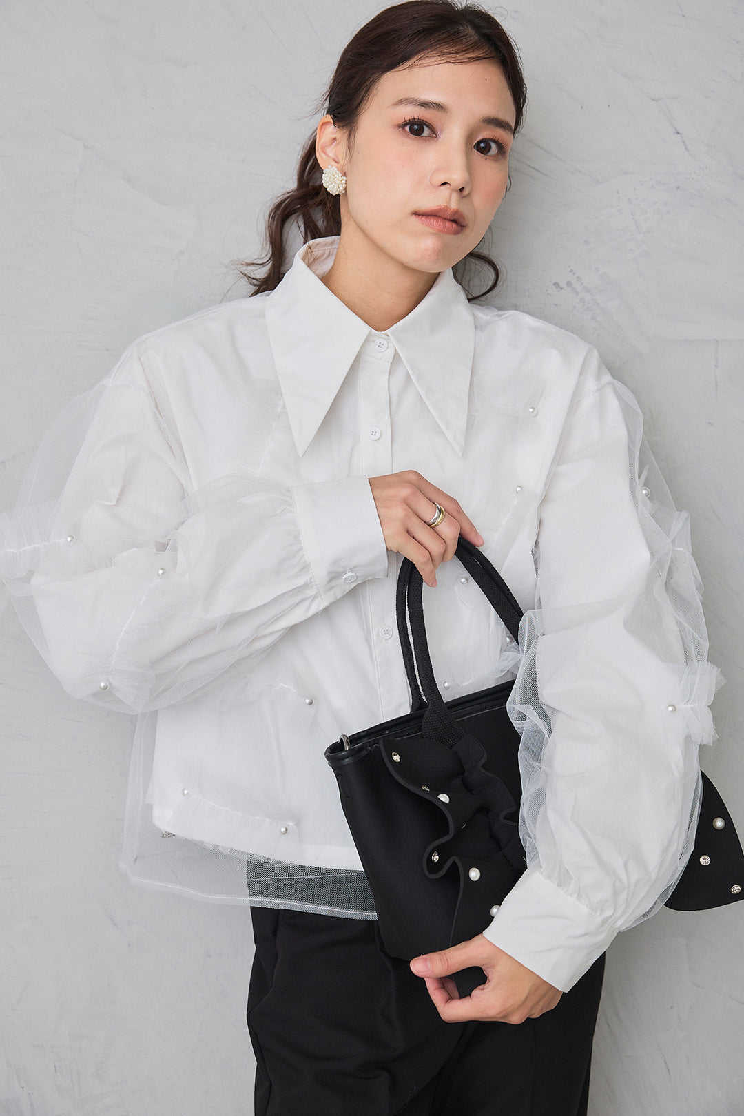 [予約/SET]チュールレイヤードパールシャツ+タックテーパードパンツ(2set)