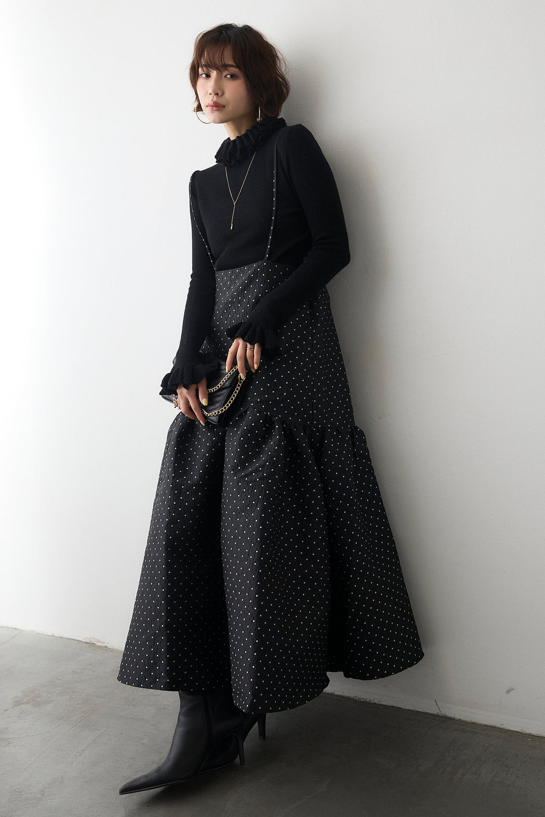 [予約/SET]ダブルフリルカラーニットプルオーバー+ドットジャガードギャザーフレアスカート(2set)