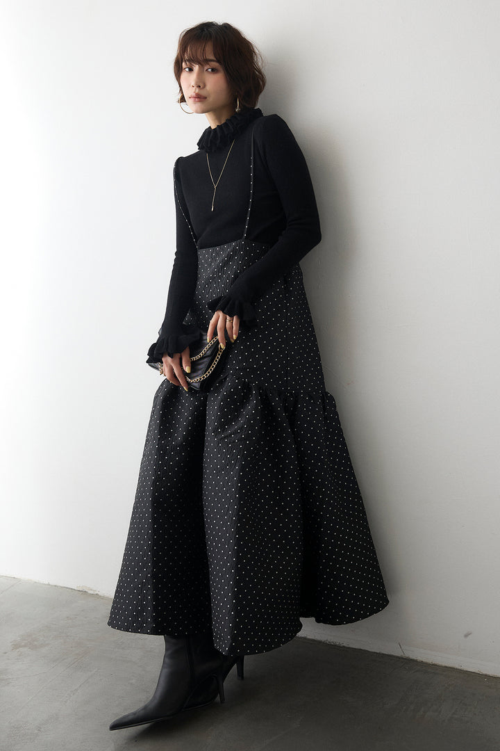 [予約/SET]ダブルフリルカラーニットプルオーバー+ドットジャガードギャザーフレアスカート(2set)