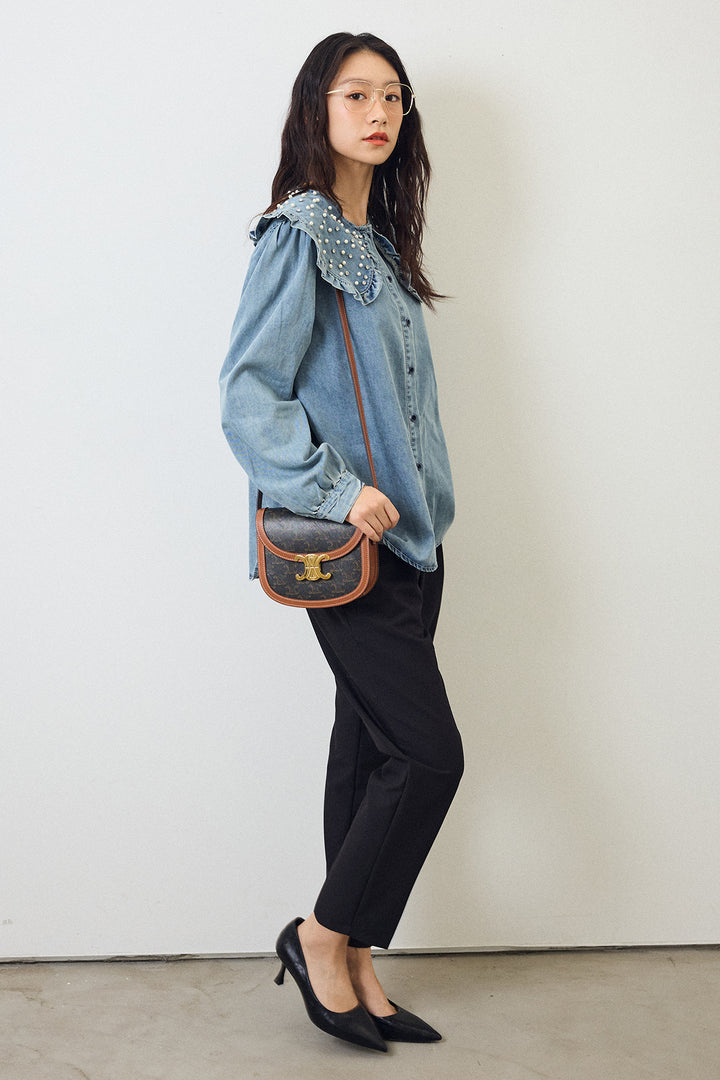 [予約/SET]パールBIGカラーデニムシャツ+タックテーパードパンツ(2set)