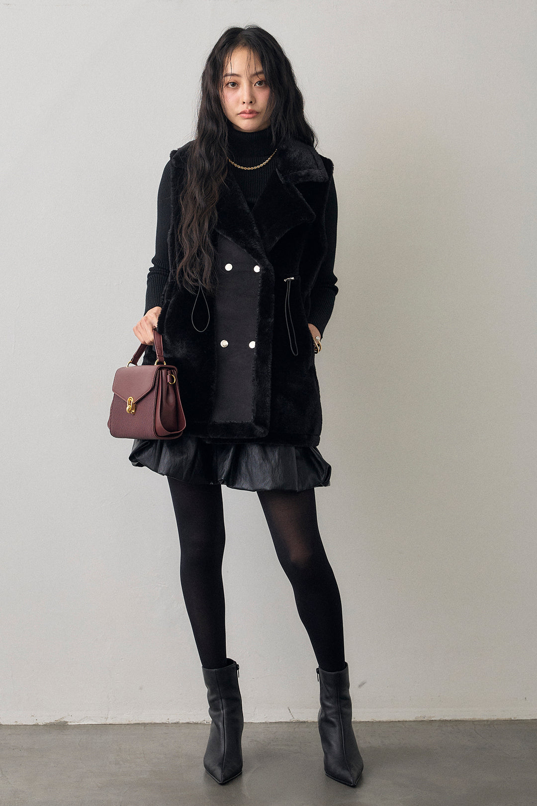 [予約/SET]ベーシックリブタートルニット+テディボアウエストドロストベスト+フェイクレザーティアードバルーンミニスカート(3set)