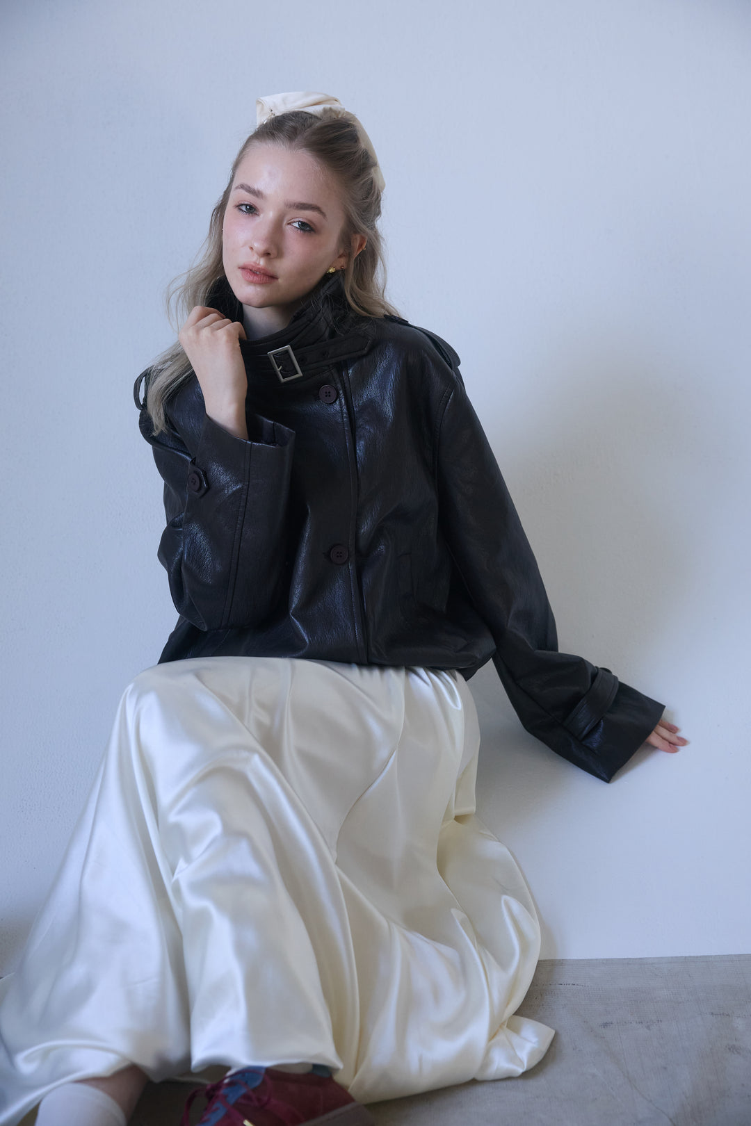 [予約/SET]レザーライククロップドジャケット+サテンシャイニーバルーンスカート(2set)