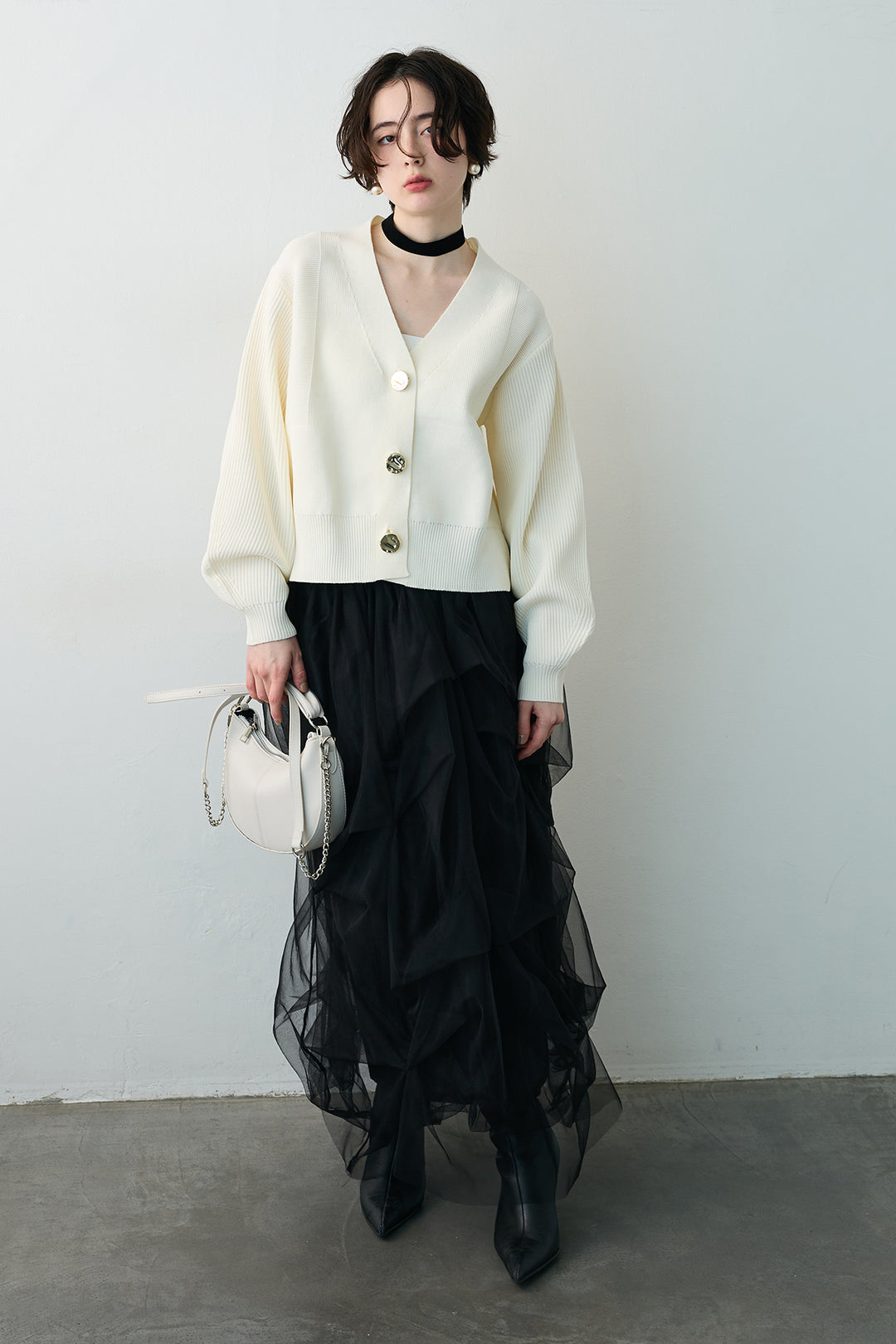 [予約/SET]スポンディッシュBIGボタンクロップドカーデ+マルチパターンタックチュールスカート(2set)