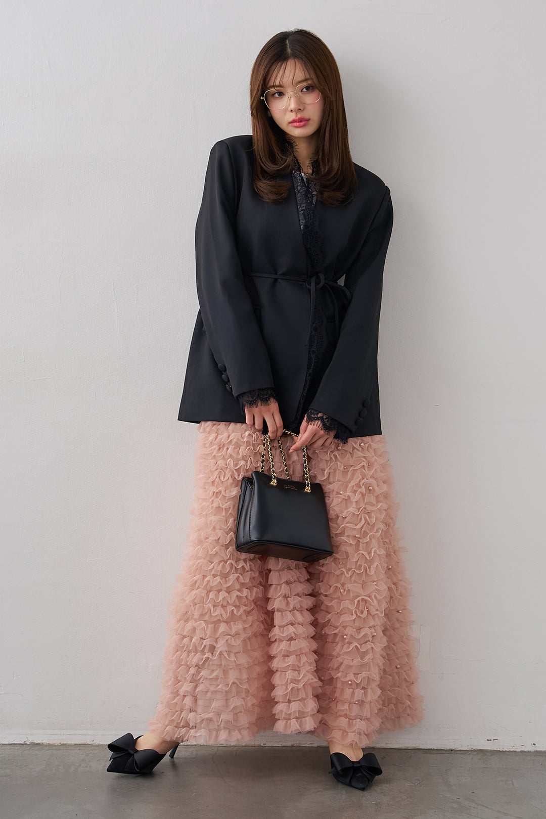 [予約/SET]カシュクールレースドッキングジャケット+パール付きホイップチュールスカート(2set)