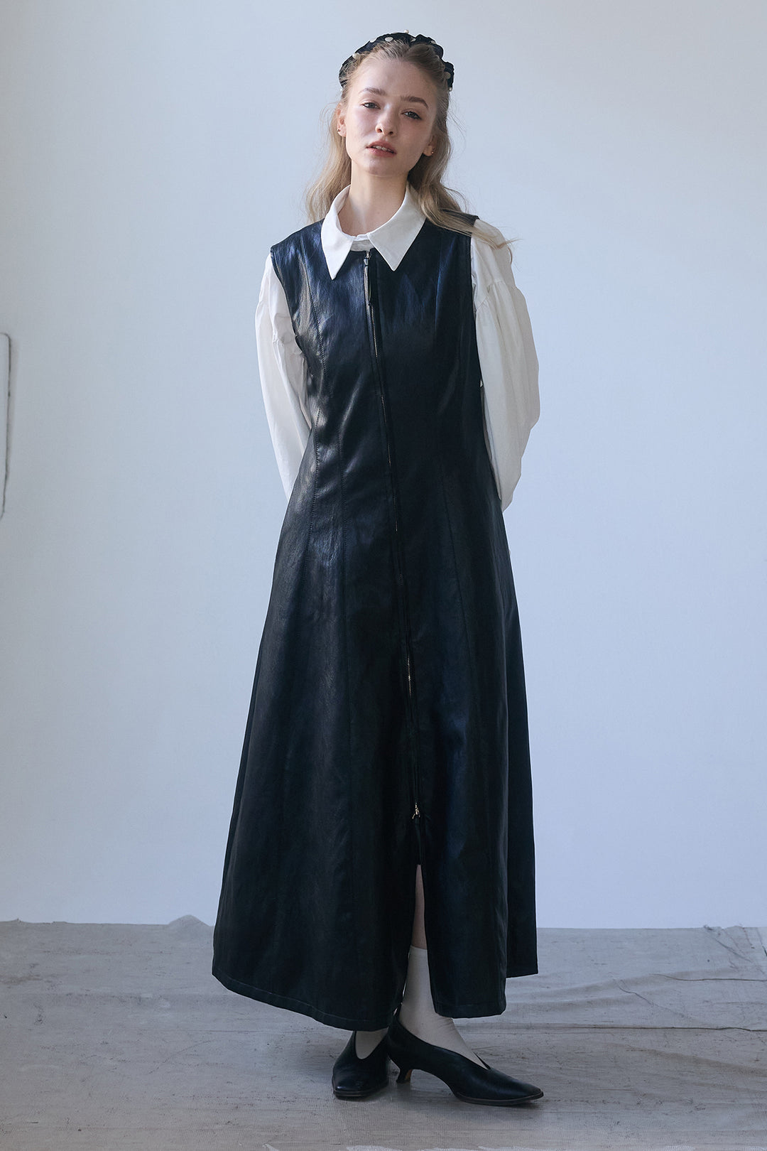 [予約/SET]ワイドスリーブドロストクロップドシャツ+フロントZIPレザーライクジャンスカ(2set)