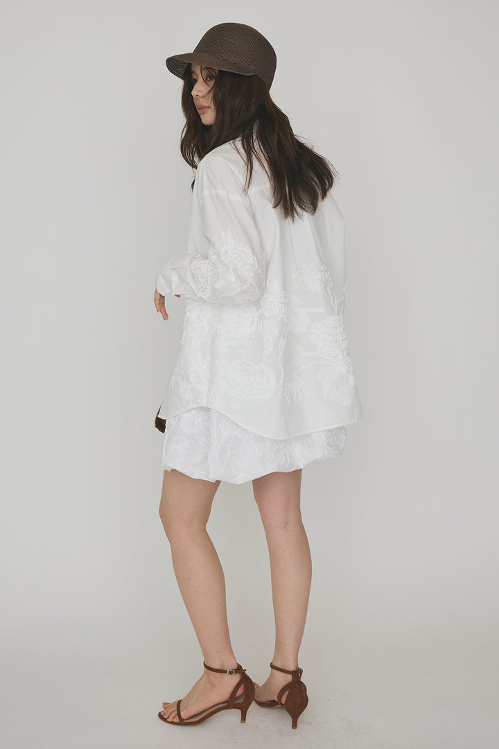 [予約/SET]フラワー刺繍モチーフオーバーシャツ+フラワー刺繍バルーンスカート(2set)