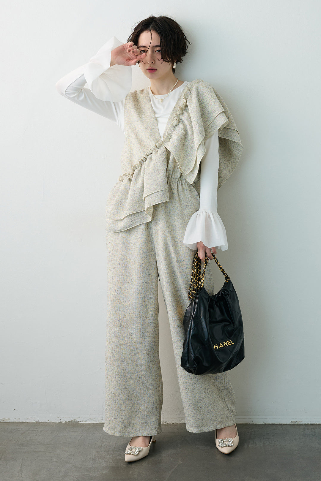 [予約/SET]サイドギャザーフレアチュールカフストップス+サマーツイードマルチウェイロンパース(2set)