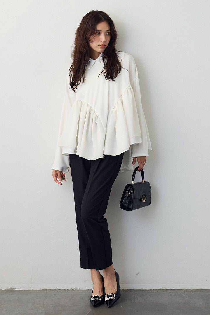 [予約/SET]ビジュー付け襟+フリルテール異素材切替チュニック+タックテーパードパンツ(3set)