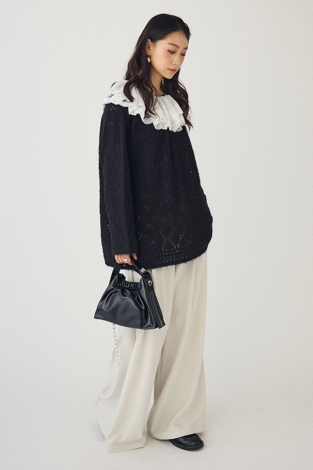 [予約/SET]ダブルレースカラードッキングニット+とろみタックハイウエストタックワイドパンツ(2set)