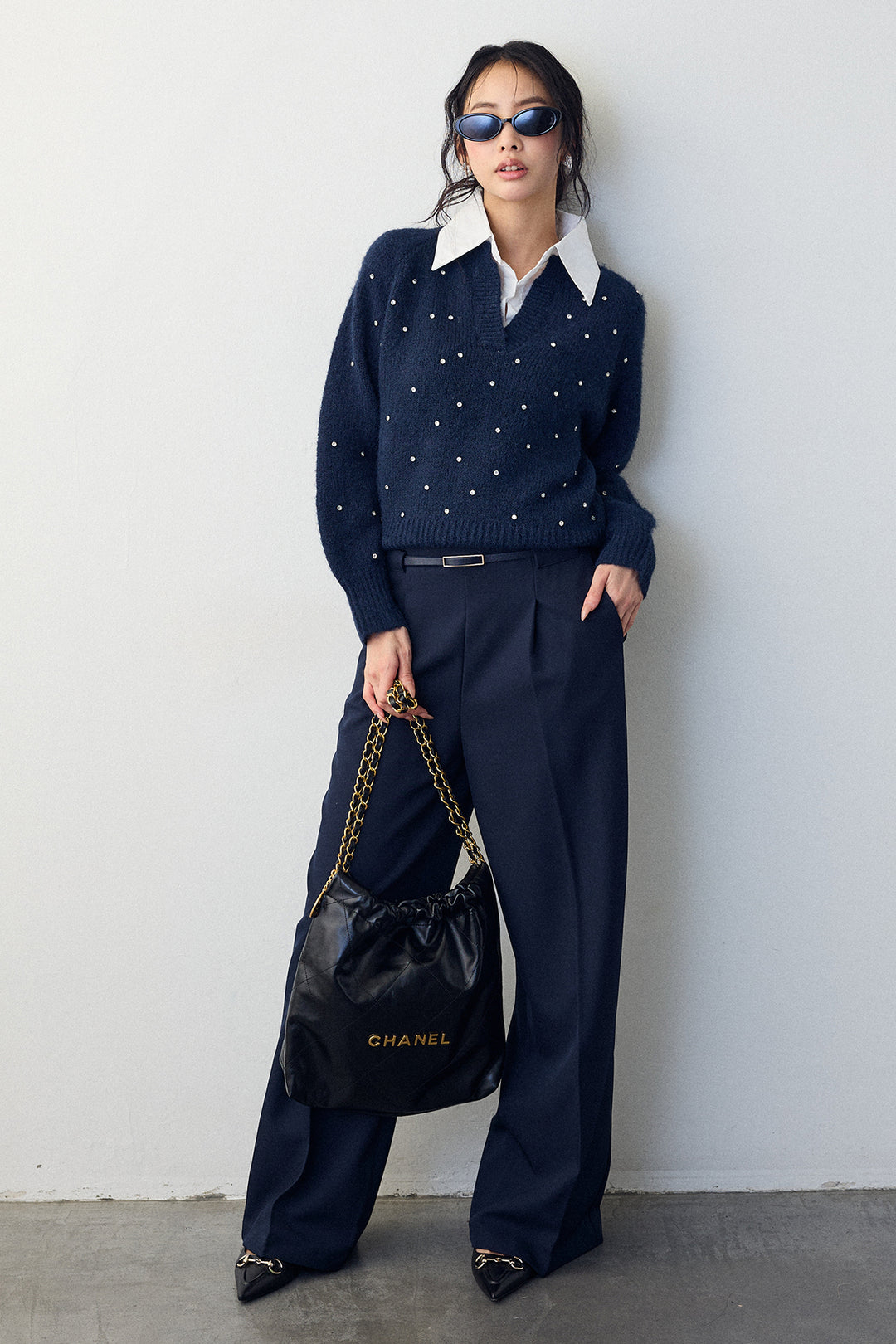 [予約/SET]シャツ襟ラインストーンニットPO+ポイントベルトセットストレートワイドパンツ(2set)