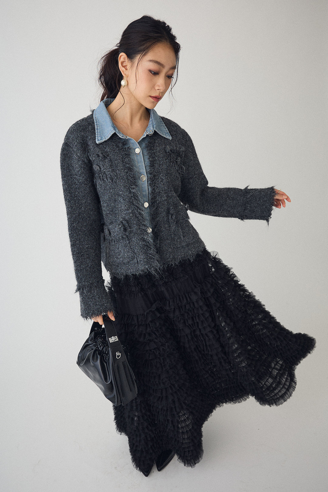 [予約/SET]デニムシャツドッキングツイードカーデ+ホイップチュールティアードスカート(2set)
