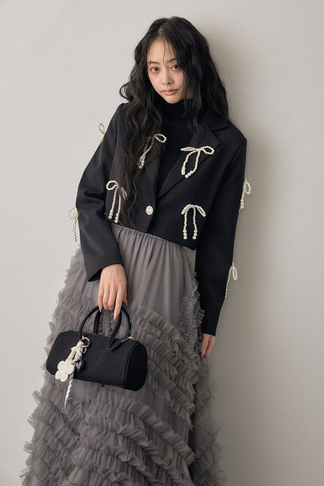 [予約/SET]パールリボンクロップドジャケット+スフレアシメチュールスカート(2set)