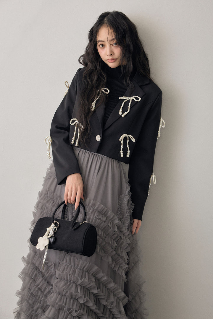 [予約/SET]パールリボンクロップドジャケット+スフレアシメチュールスカート(2set)