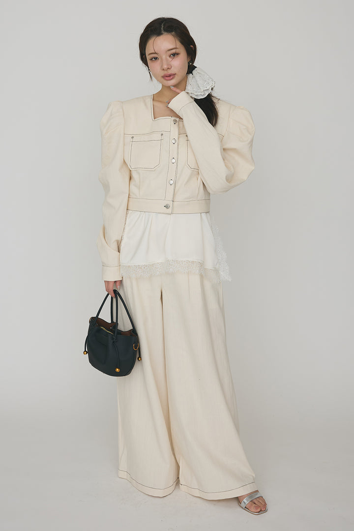 [予約/SET]マットサテンレースキャミソール+ステッチパフスリーブクロップドジャケット+ステッチデザインハイウエストデニムパンツ(3set)