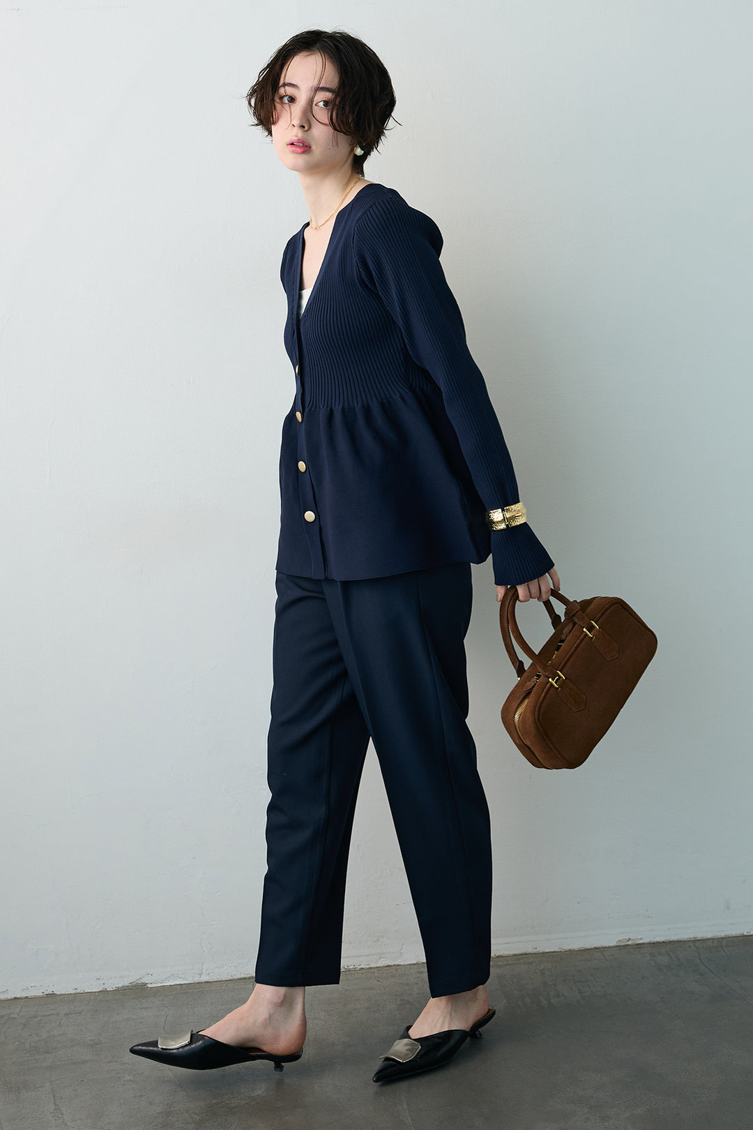 [予約/SET]スポンジペプラムリブニットカーデ+ベルトセットタックテーパードパンツ(2set)