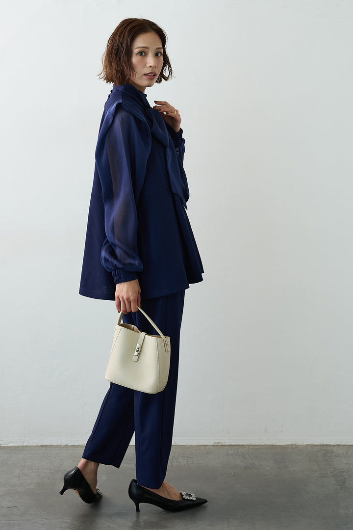 [予約/SET]シアーリボン異素材ドッキングペプラムブラウス+スリムテーパードパンツ(2set)