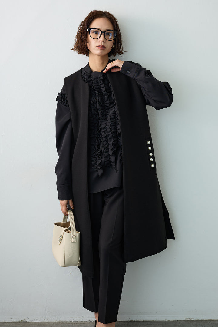 [予約/SET]Iラインフリルホイップブラウス+ポケットパール付きボンディングロングベスト+タックテーパードパンツ(3set)