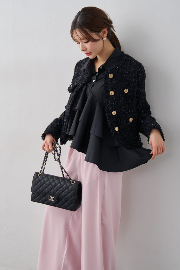 [予約/SET]アシメフリルティアードシャツ+フリンジツイードゴールドボタンジャケット+エステルツイルタックワイドカラーパンツ(3set)