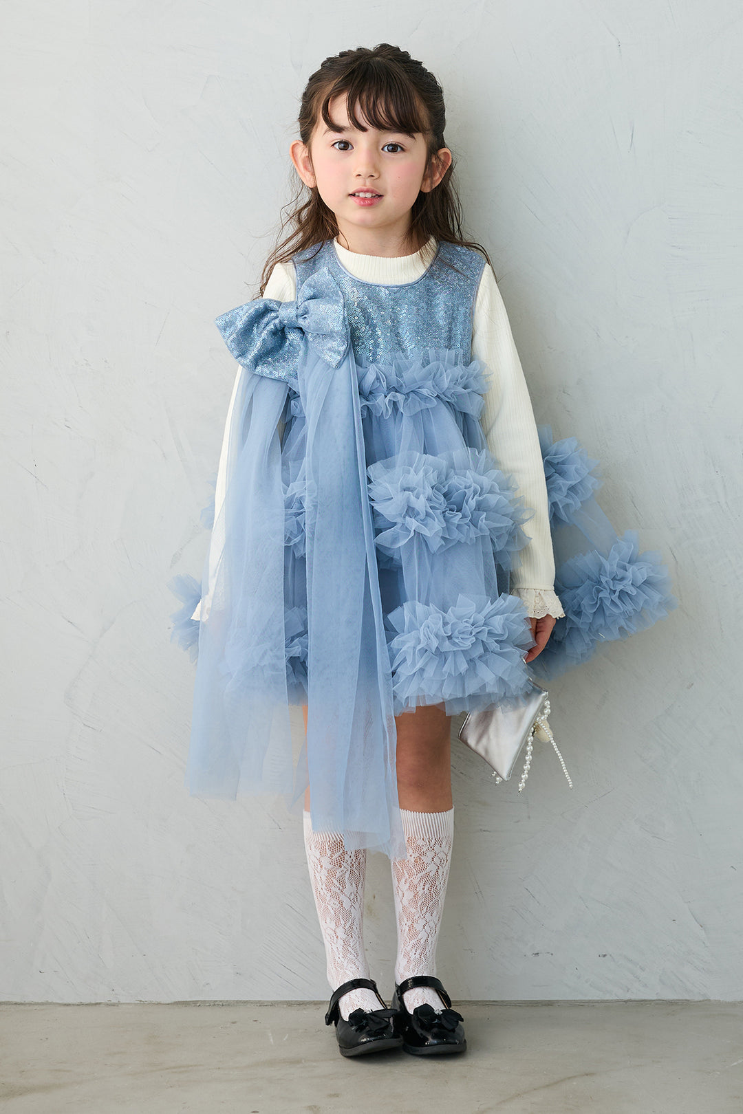 [予約/親子SET][kids]スパンコールリボンホイップチュールワンピセット+フリルヘムスリーブブラウス+クロップドマニッシュシンプルジャケット+ツイルシンプルストレートパンツ(4set)