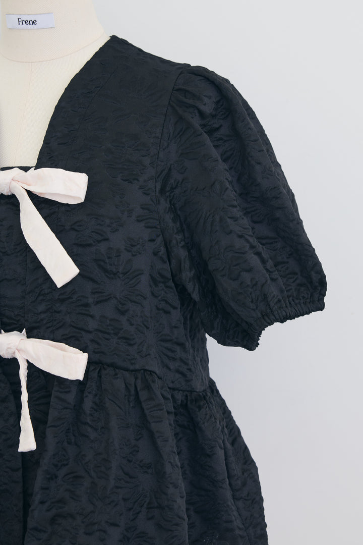 [予約]ジャガード配色フロントリボンブラウス