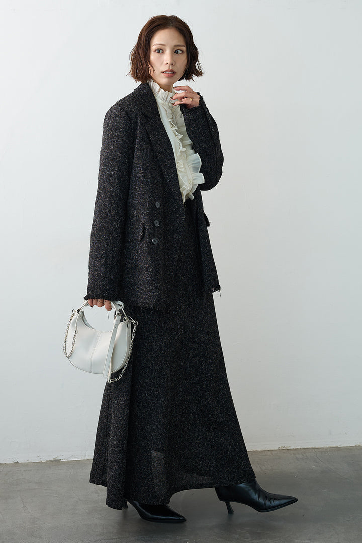 [予約/SET]エアリーフリルブラウス+スラブネップツイードフリンジテーラージャケット+スラブネップツイードフレアスカート(3set)