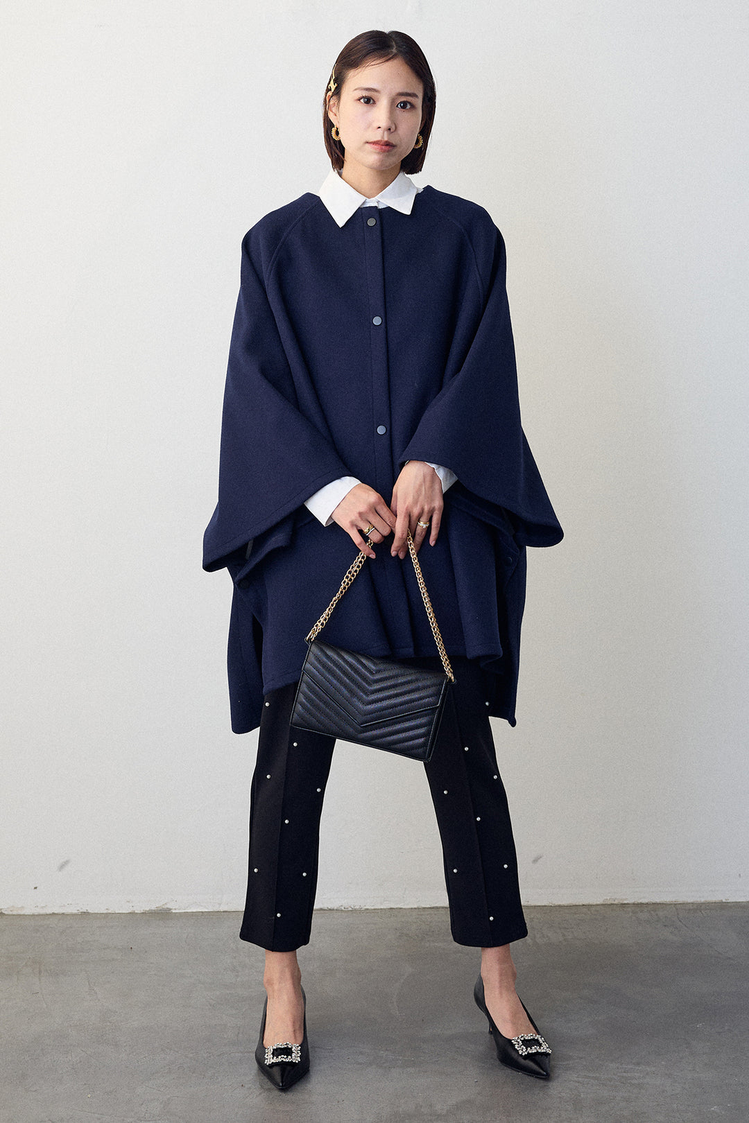 [予約/SET]パネルフレアヘムシャツ+ウールライクドルマンポンチョコート+センターシームランダムパールパンツ(3set)