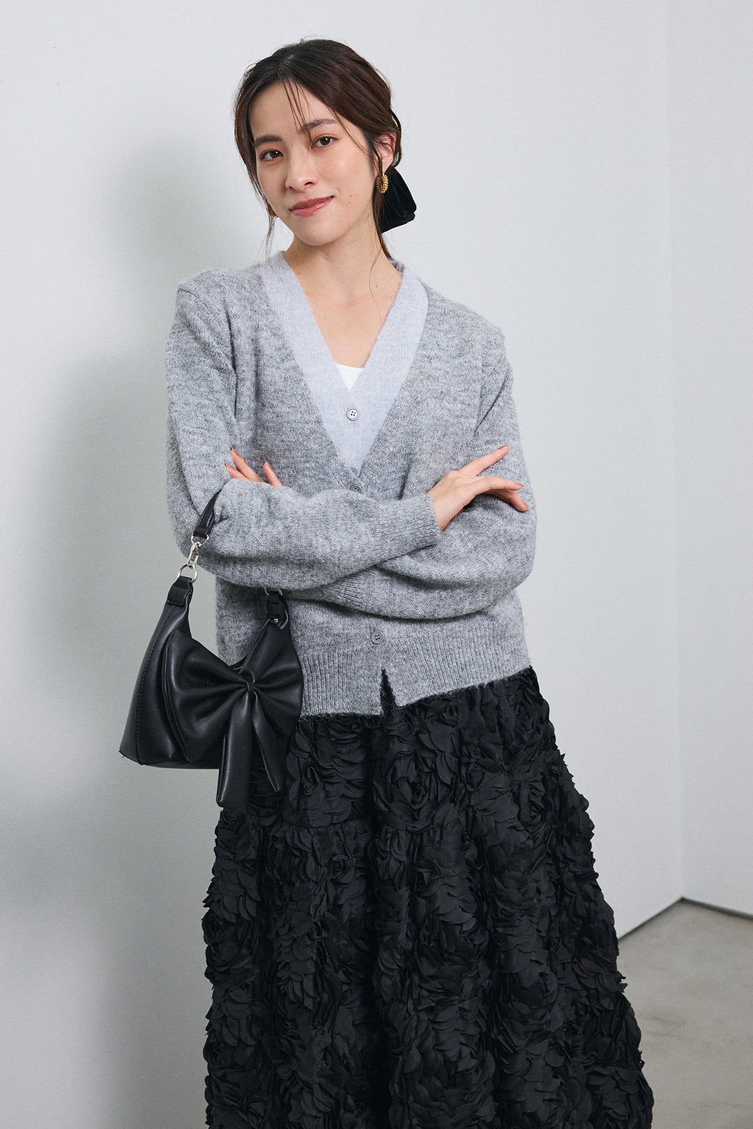 [予約/SET]配色レイヤードニットカーデ+ローズフラワー立体フレアスカート(2set)